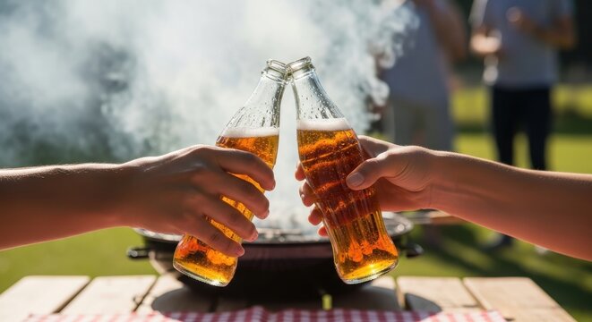 Friends toast beer bottles over a smoky barbecue grill during an outdoor gathering - Powered by Adobe