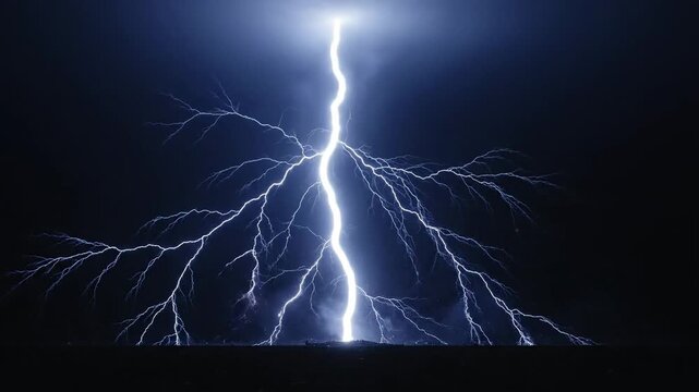 Bright white lightning bolt with branching electrical discharges against a dark background with a dramatic and intense mood.
