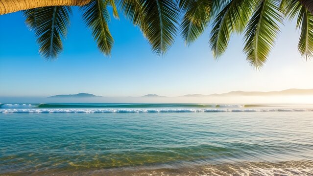 Serene tropical paradise beach with palm tree canopy, calm ocean waves, and hazy distant mountains under a bright morning sky - Powered by Adobe