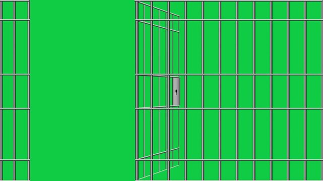 Prison bars animation. Open and close the prison bars door in swing mode, isolated on green screen chromakey background.