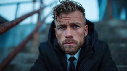 A contemplative man with a stylish jacket sits on stairs, his intense gaze reflecting thoughts and emotions against an urban backdrop and moody atmosphere.