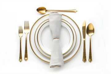 Luxurious Golden Table Setting for Elegant Dining Plates Napkin Utensils on transparent background