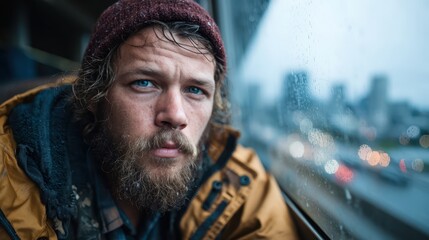 A close-up of a bearded man in a rain-soaked window, capturing his deep contemplation while overlooking a blurred city view with raindrops forming a melancholic aesthetic.