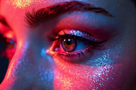 Close-up shot of glittery eye makeup and crystal contact lens under neon lighting