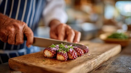 A skilled chef is expertly slicing octopus on a wooden cutting board, highlighting culinary techniques and the art of food preparation in a vibrant kitchen setting.