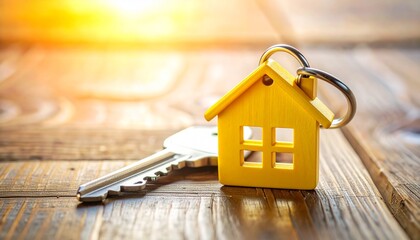 Realistic House-Shaped Yellow Keychain with Key on Wooden Background for Real Estate Concepts