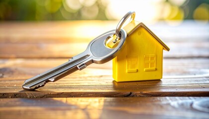 Realistic House-Shaped Yellow Keychain with Key on Wooden Background for Real Estate Concepts
