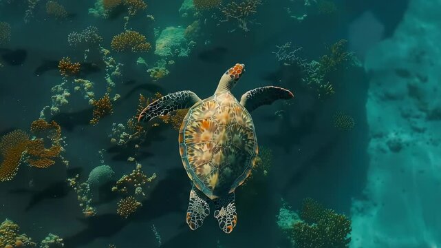A sea turtle swimming through vibrant coral reefs underwater.