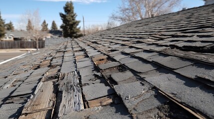 Worn and buckled asphalt shingle roof with visible deterioration indicating need for roof repair and replacement.