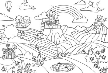 Whimsical black and white line drawing of a fantasy landscape Keywords: fantasy, landscape