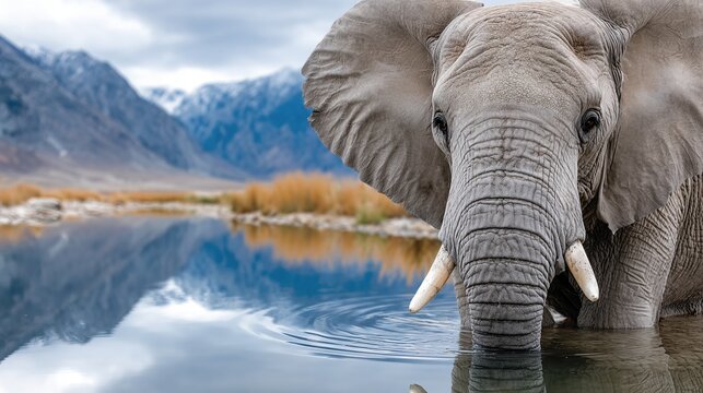 A stunning close-up of an elephant standing peacefully by a reflective body of water, surrounded by mountains, showcasing nature's beauty and wildlife in their habitat. - Powered by Adobe