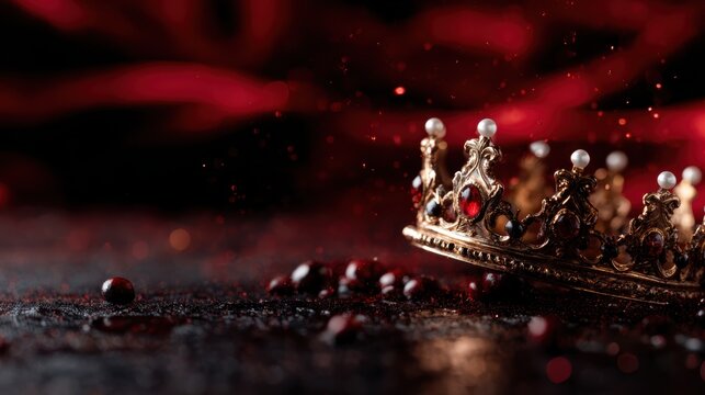 A beautiful golden crown adorned with pearls and jewels, resting on a dark surface with a dramatic red backdrop and sparkling particles creating a sense of royalty and opulence.