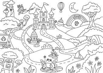 Naklejka premium Whimsical Fantasy Landscape with Castle, Frog, and Rainbow Keywords: fantasy, landscape, castle