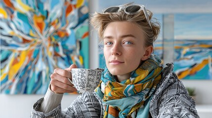 A stylish young woman takes a sip from an intricately designed tea cup, set against a vibrant artistic backdrop, exuding confidence and artistic flair.