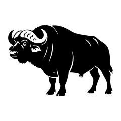 A striking black silhouette of a large african buffalo standing still