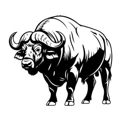 Illustration of a large african buffalo with prominent horns in black and white