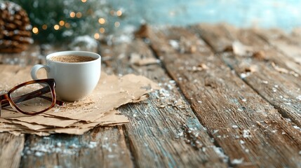 A serene coffee scene featuring a cup of coffee and glasses resting on textured paper, evoking a sense of relaxation and contemplation in a warm setting.