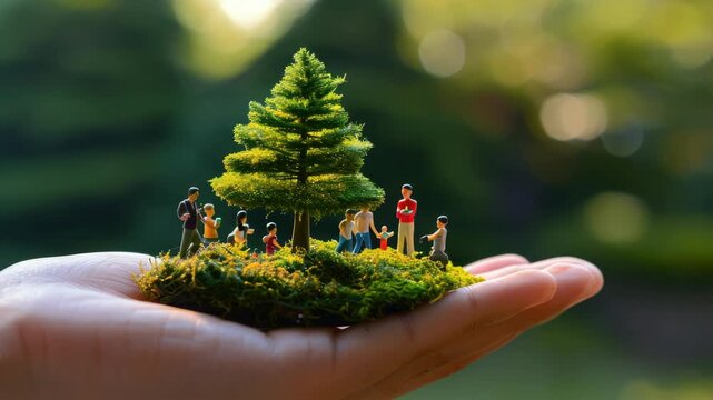 A hand holding a small model of a tree with people around it. The people are of different sizes and are scattered around the tree