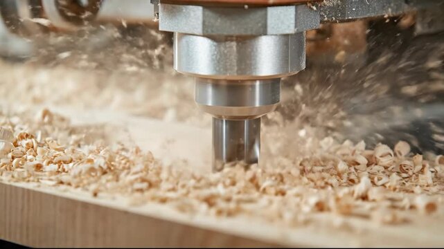 Close-up of a CNC milling machine cutting wood, producing wood shavings. Manufacturing process.