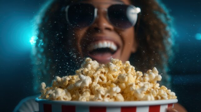 An excited individual holding a large bowl of popcorn, embodying the thrill of movie nights. The image captures the playful enjoyment of cinema and tasty snacks together.