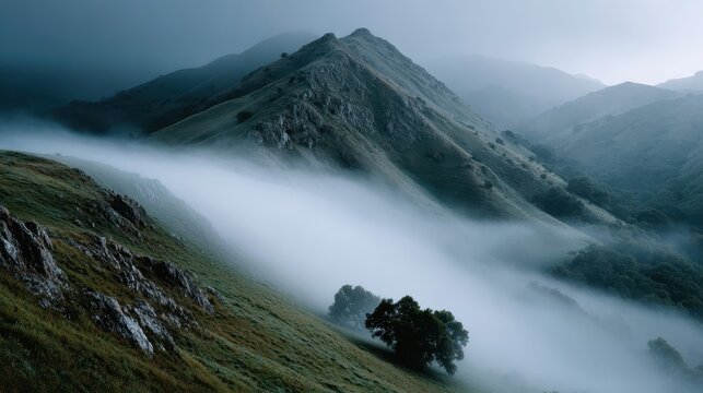 Rolling hills enveloped in soft, mysterious fog create an atmospheric landscape that evokes feelings of serenity and intrigue, inviting viewers to explore nature's beauty.