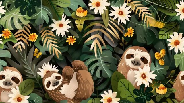 Colorful of sloths in a lush green jungle surrounded by various flowers and plants. Perfect for nature lovers or animal-themed designs.