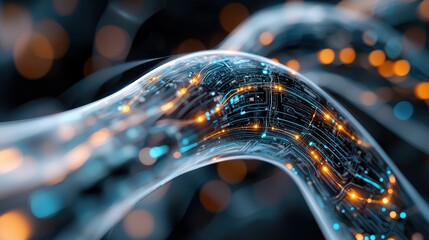 Close-up of abstract digital wires with glowing lights, representing technology and data transfer. The image has a dark background and a futuristic feel.