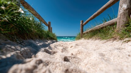 A sandy path to a beautiful beach framed by wooden fences and lush grass invites exploration, capturing the essence of summer adventures and coastal relaxation.