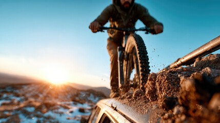A mountain biker rides on top of a vehicle, capturing the thrill of outdoor adventure as the sun sets in a beautiful landscape filled with dirt and freedom.