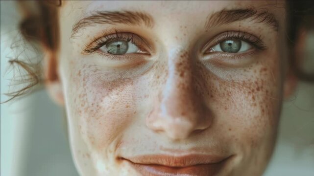 High-resolution showing a woman's complexion featuring freckles on her cheeks and nose.