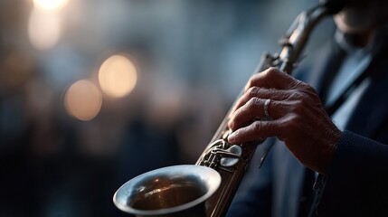 Obraz premium A skilled musician passionately plays a saxophone, capturing the essence of jazz amidst a warm, blurred background, evoking a sense of intimacy and artistic expression.