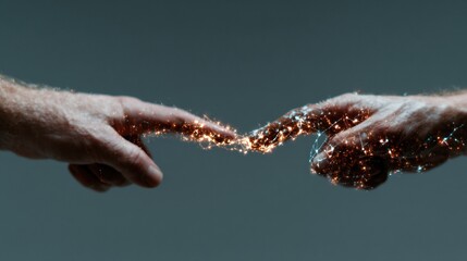 Two hands reaching for each other, illuminated by glowing sparks of energy, symbolize a powerful connection and the essence of human relationships, evoking feelings of unity and creation.