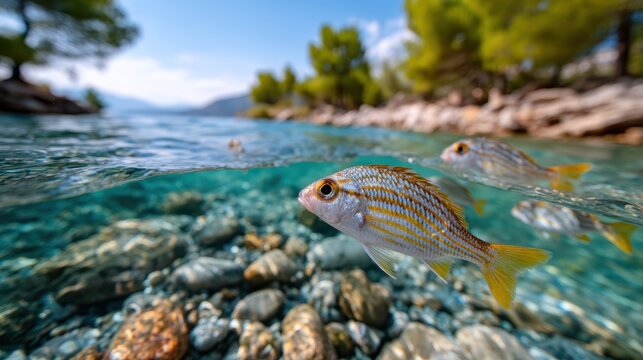 A vibrant scene captures fish swimming gracefully in crystal clear water, showcasing the beauty of marine life along rocky shores amid a tranquil natural environment.
