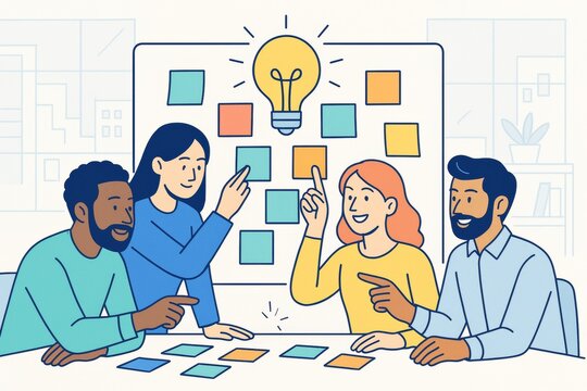 Creative team brainstorming with sticky notes under light bulb on office background, symbolizing teamwork and innovative collaboration. Ai generative