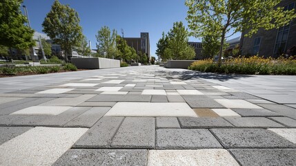 Permeable paver bioswale with interlocking stone pavement, planted swale, gravel bedding and urban landscape for stormwater infiltration and runoff management.