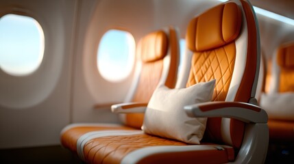 An inviting and stylish airplane cabin featuring comfortable seats with plush pillows, representing modern air travel’s focus on elegance and passenger comfort during flights.