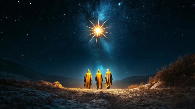 Three Magi Wise Men on path follow bright Bethlehem Star, desert landscape, starry night sky, biblical story