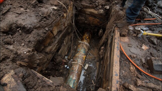 Excavated trench revealing broken clay sewer pipe with visible crack and repair crew preparing site for replacement or patching.
