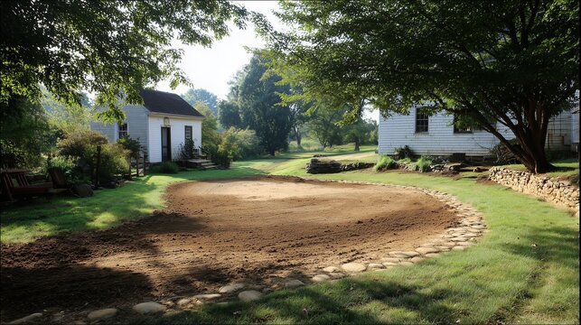 Backyard yard grading for drainage with excavated soil, stone border, lawn and residential structure showing slope shaping to direct water away.