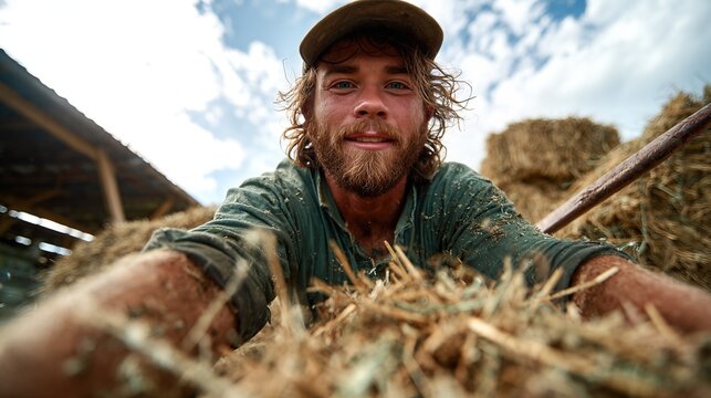 A cheerful young man confidently interacting with hay bales, showcasing the essence of hard work, nature, and a rural lifestyle filled with joy and satisfaction.
