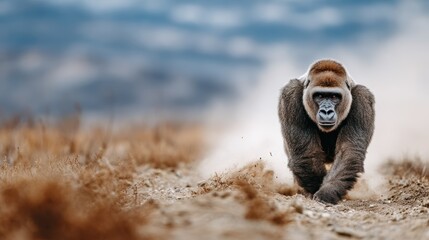 Obraz premium A powerful gorilla strides confidently through a dry, dusty landscape, exuding strength and grace while surrounded by a vast and wild natural habitat.