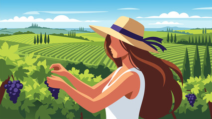 Woman in a hat harvesting grapes in a vineyard, sunny day, scenic landscape, agriculture, winemaking illustration