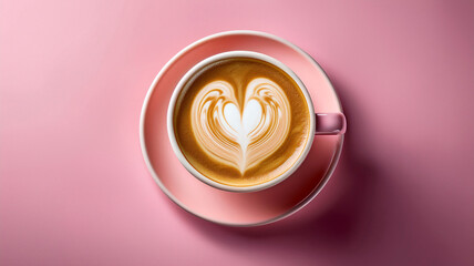 A pink cup of latte art with heart shape pattern on a pink background with soft light. 

