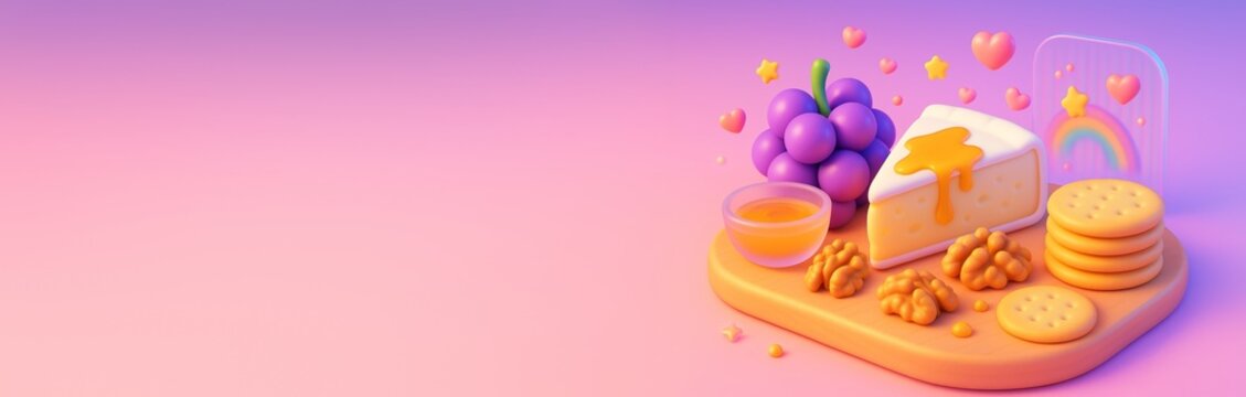 Colorful cheese platter with grapes, honey, crackers, and walnuts on pastel gradient background with rainbow and hearts for food promotion concept. Ai generative