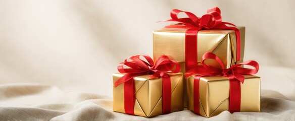 The Gold Gift Boxes Tied with Red Ribbons on Soft Fabric Background for Celebration