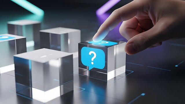 Hand touching glowing question mark icon on clear block, symbolizing digital inquiry, problem-solving, and search for information or support in modern tech environment