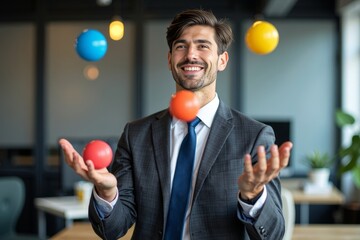 Obraz premium Young Businessman Balancing Colorful Balls in a Contemporary Office Environment