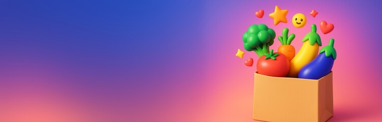Colorful cartoon vegetables in a box with emoji floating on vibrant gradient background, ideal for food promotion or health banner template design. Ai generative