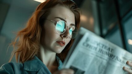 A young woman with red hair wearing glasses and a blue lab coat reads an article about science. - Powered by Adobe