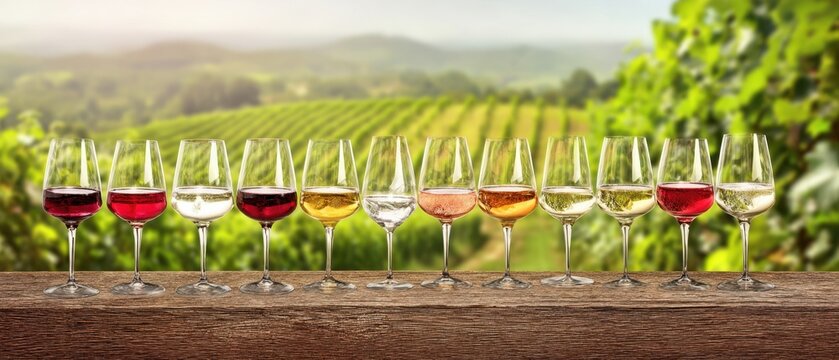 The wine glasses lineup showcasing red white rose and sparkling wines against vineyard backdrop - Powered by Adobe